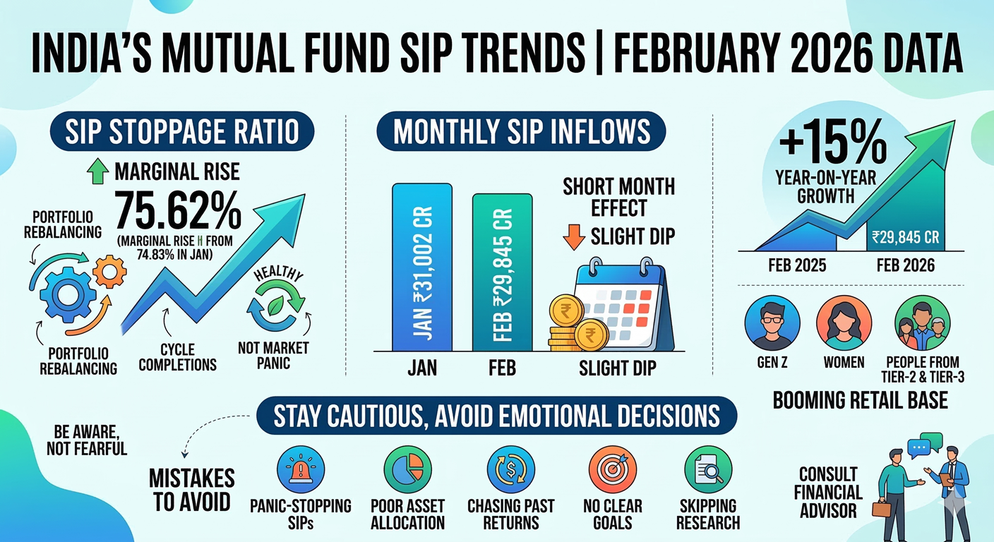 AMFI Data Feb 2026: SIP Stoppage Ratio Rises to 75.62% Amid Strong Inflows